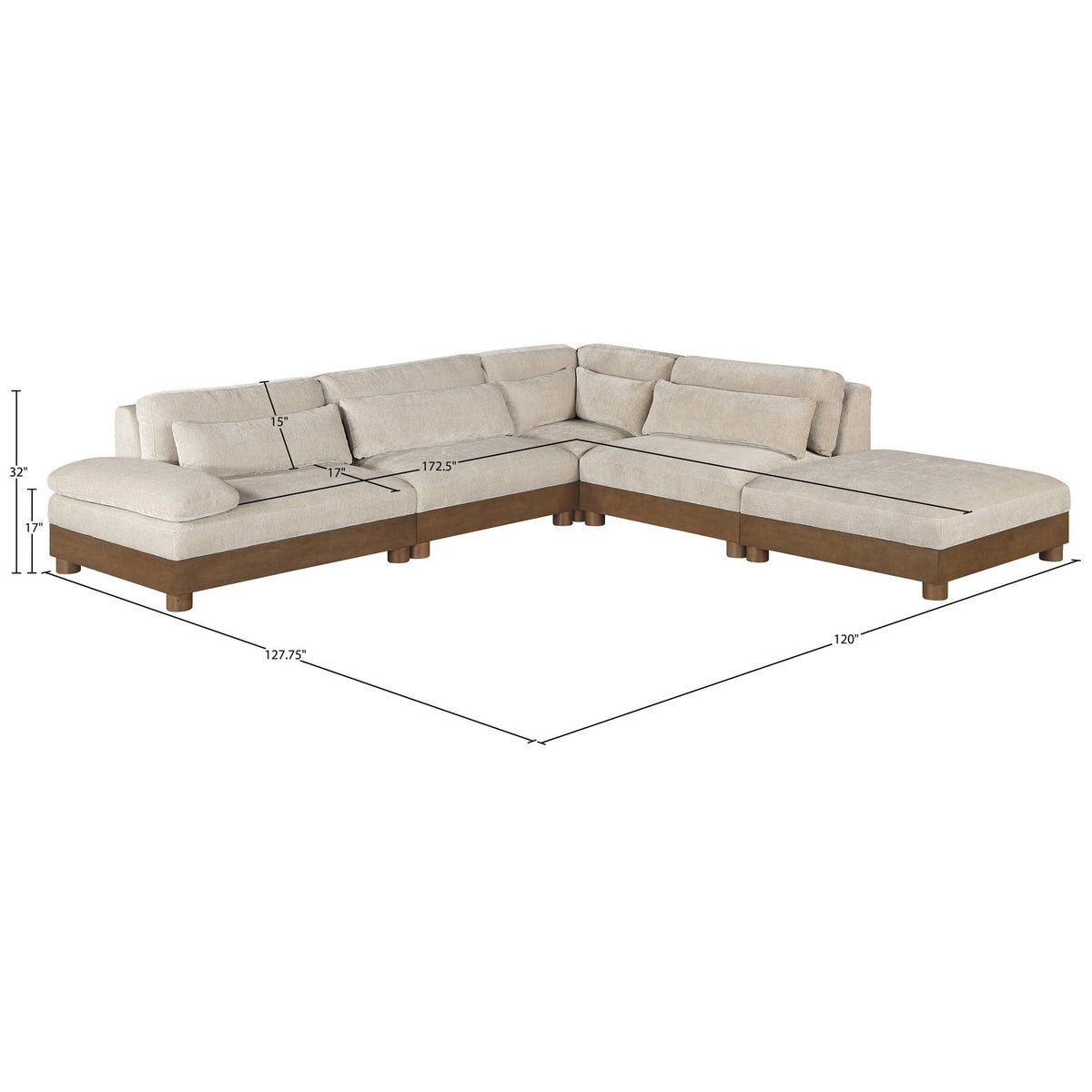 Turin 120in Taupe Chenille Fabric Upholstered 5 Piece Modular Sectional Sofa