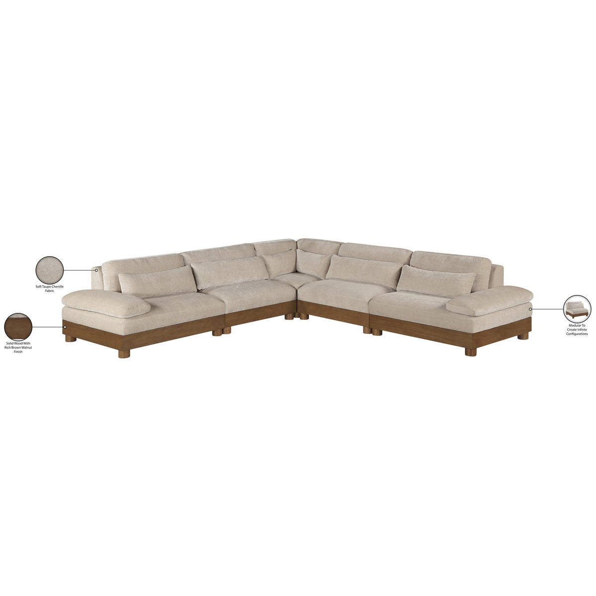 Turin 127.75in Taupe Chenille Fabric Upholstered 5 Piece Modular Sectional Sofa