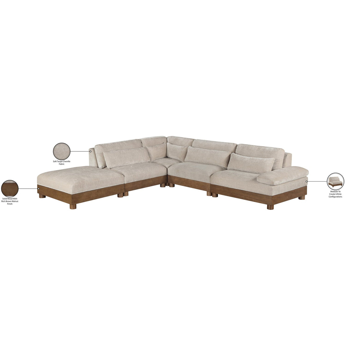 Turin 127.75in Taupe Chenille Fabric Upholstered 5 Piece Modular Sectional Sofa