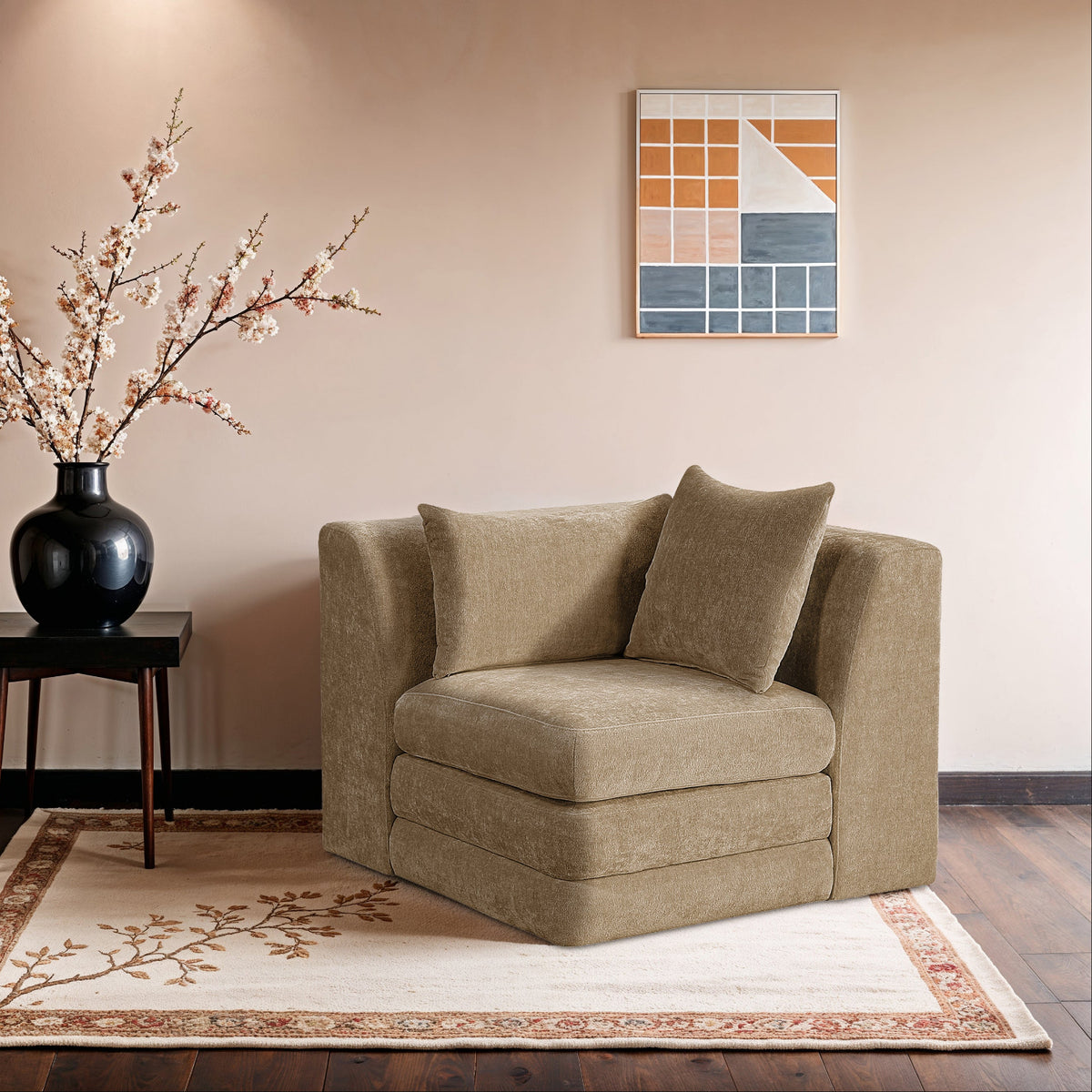 Stellar Beige Chenille Fabric Upholstered Modular Corner Chair