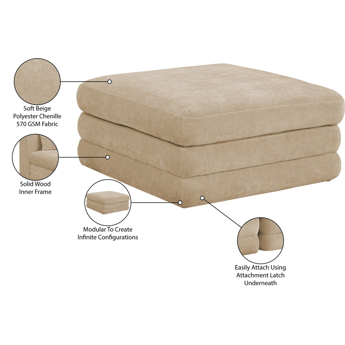 Stellar Beige Chenille Fabric Upholstered Modular Ottoman