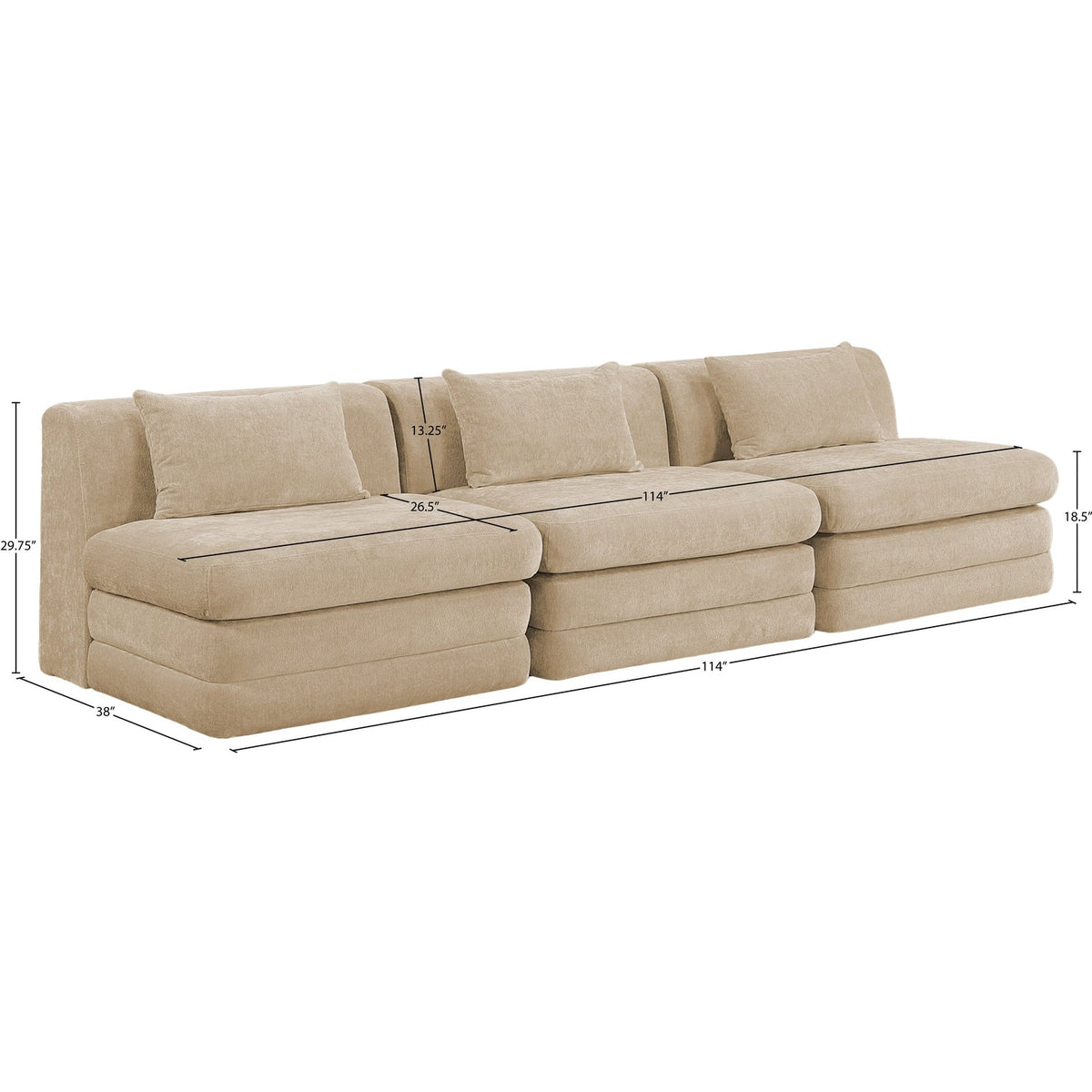 Stellar 11 4in Beige Chenille Fabric Upholstered 3 Piece Modular Sofa