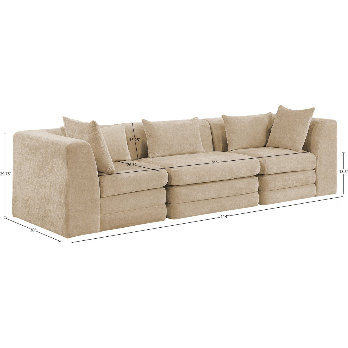 Stellar 114in Beige Chenille Fabric Upholstered 3 Piece Modular Sofa
