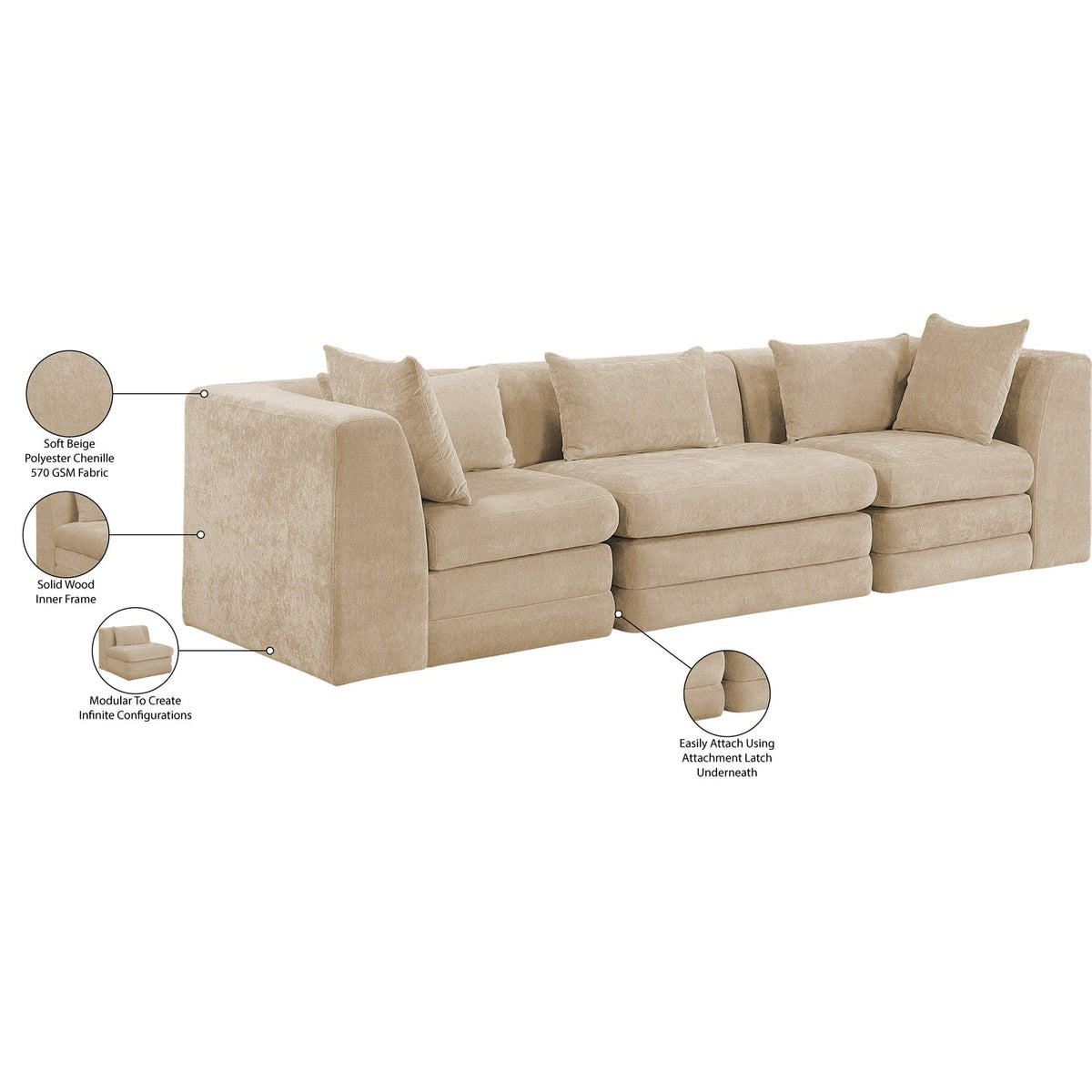 Stellar 114in Beige Chenille Fabric Upholstered 3 Piece Modular Sofa