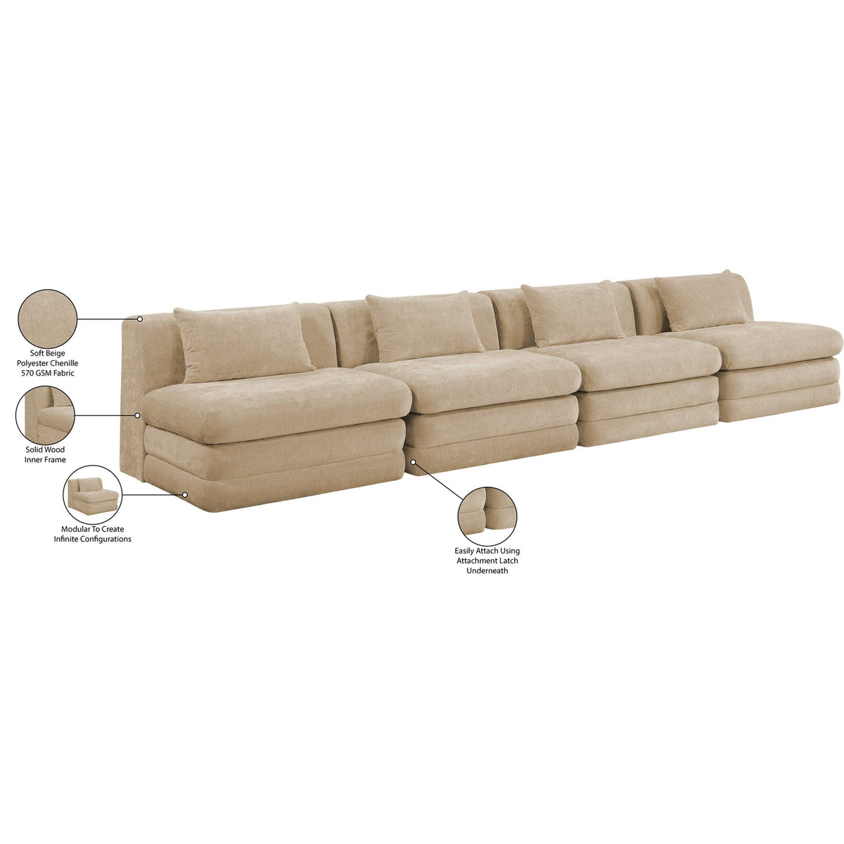 Stellar 152in Beige Chenille Fabric Upholstered 4 Piece Modular Sofa