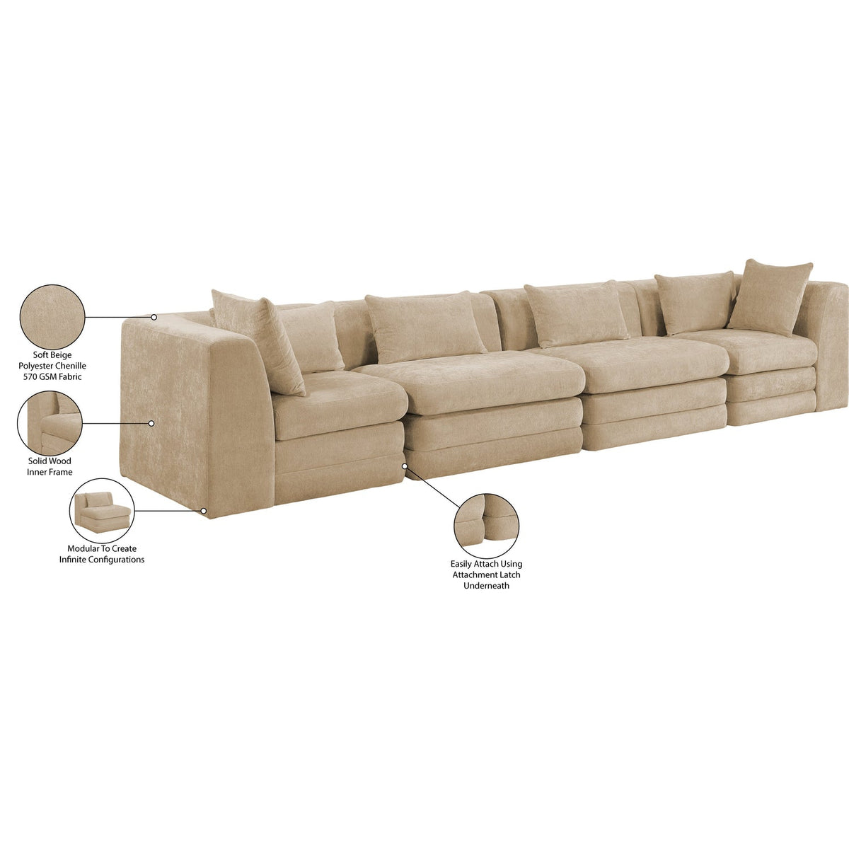 Stellar 152in Beige Chenille Fabric Upholstered 4 Piece Modular Sofa