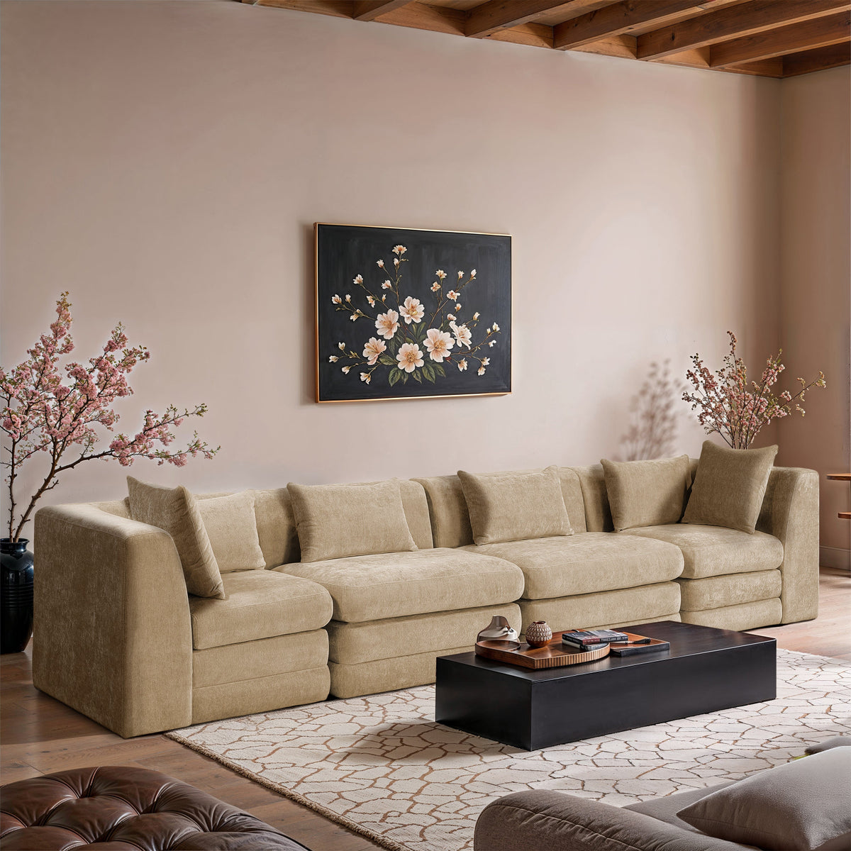 Stellar 152in Beige Chenille Fabric Upholstered 4 Piece Modular Sofa