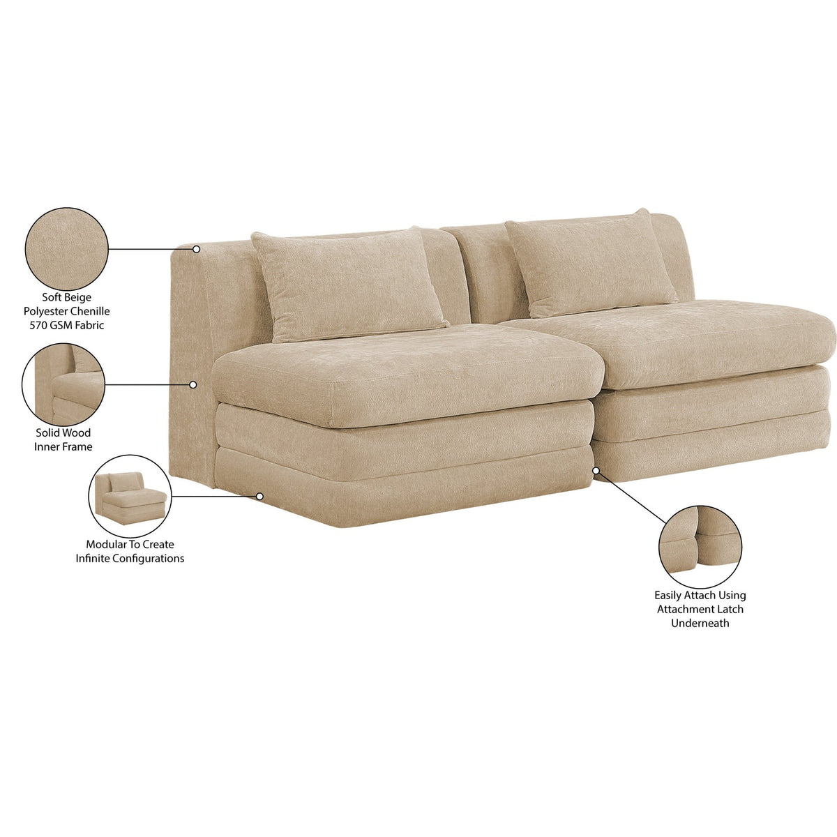 Stellar 76in Beige Chenille Fabric Upholstered 2 Piece Modular Sofa