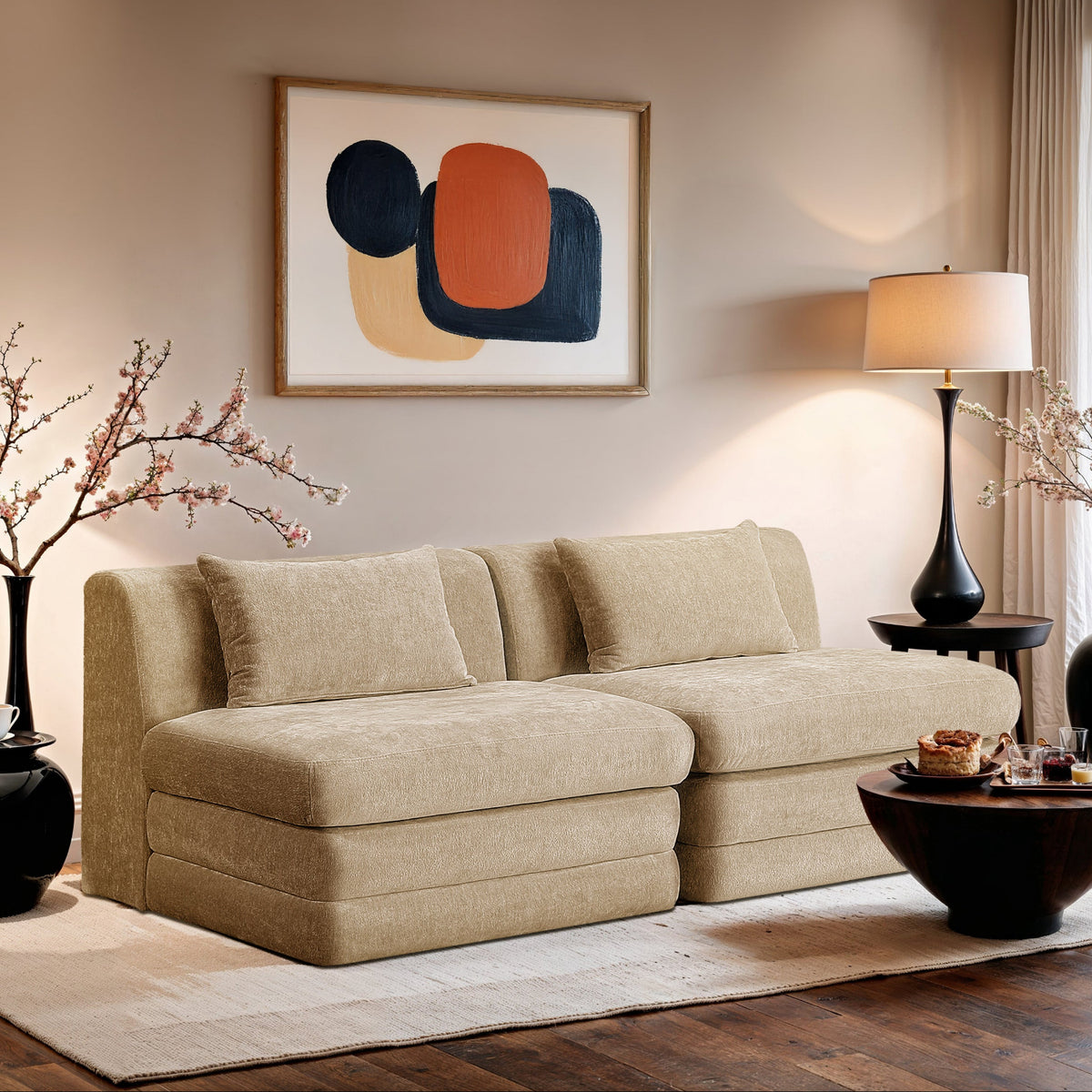 Stellar 76in Beige Chenille Fabric Upholstered 2Piece Modular Sofa