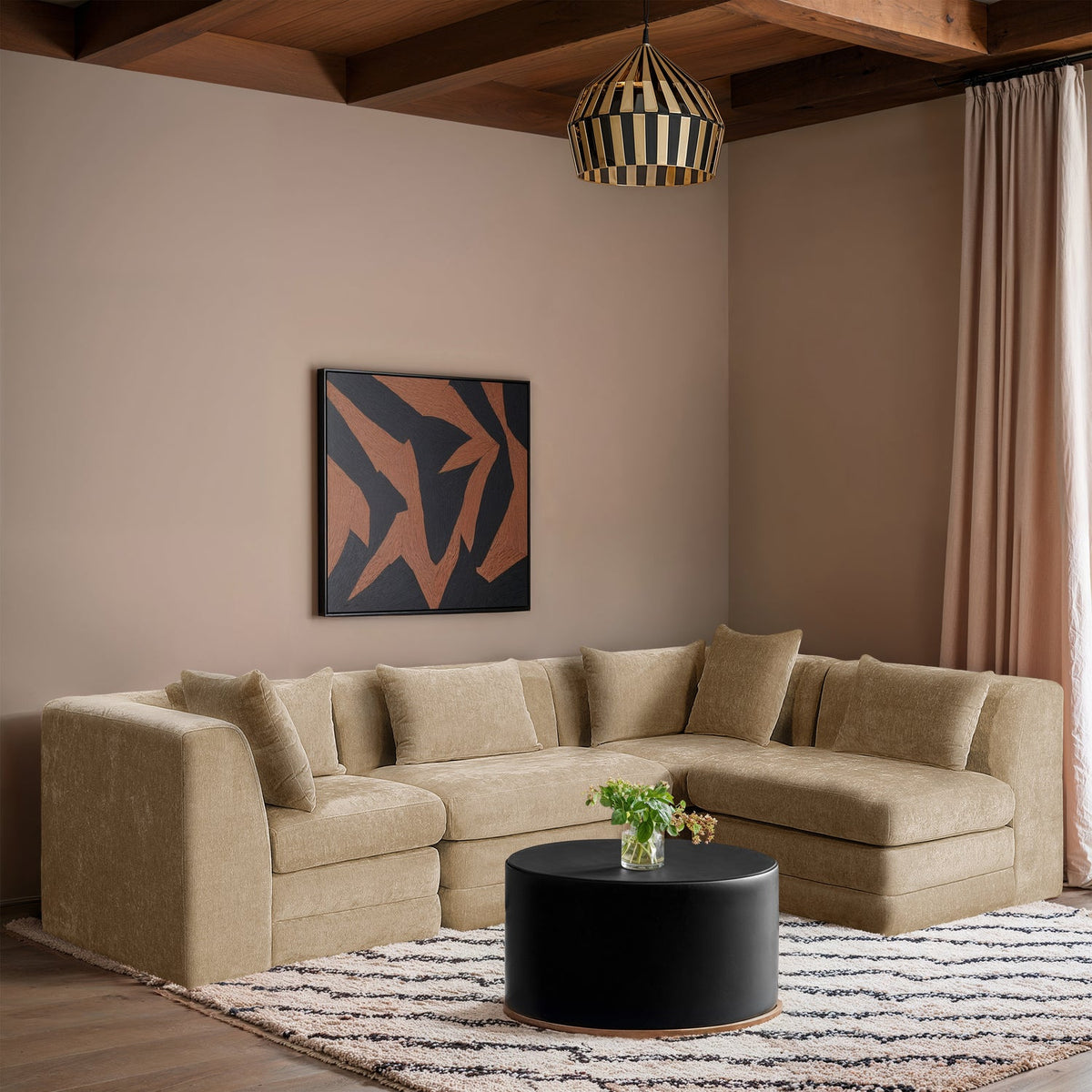 Stellar 114in Beige Chenille Fabric Upholstered 4 Piece Modular Sectional Sofa