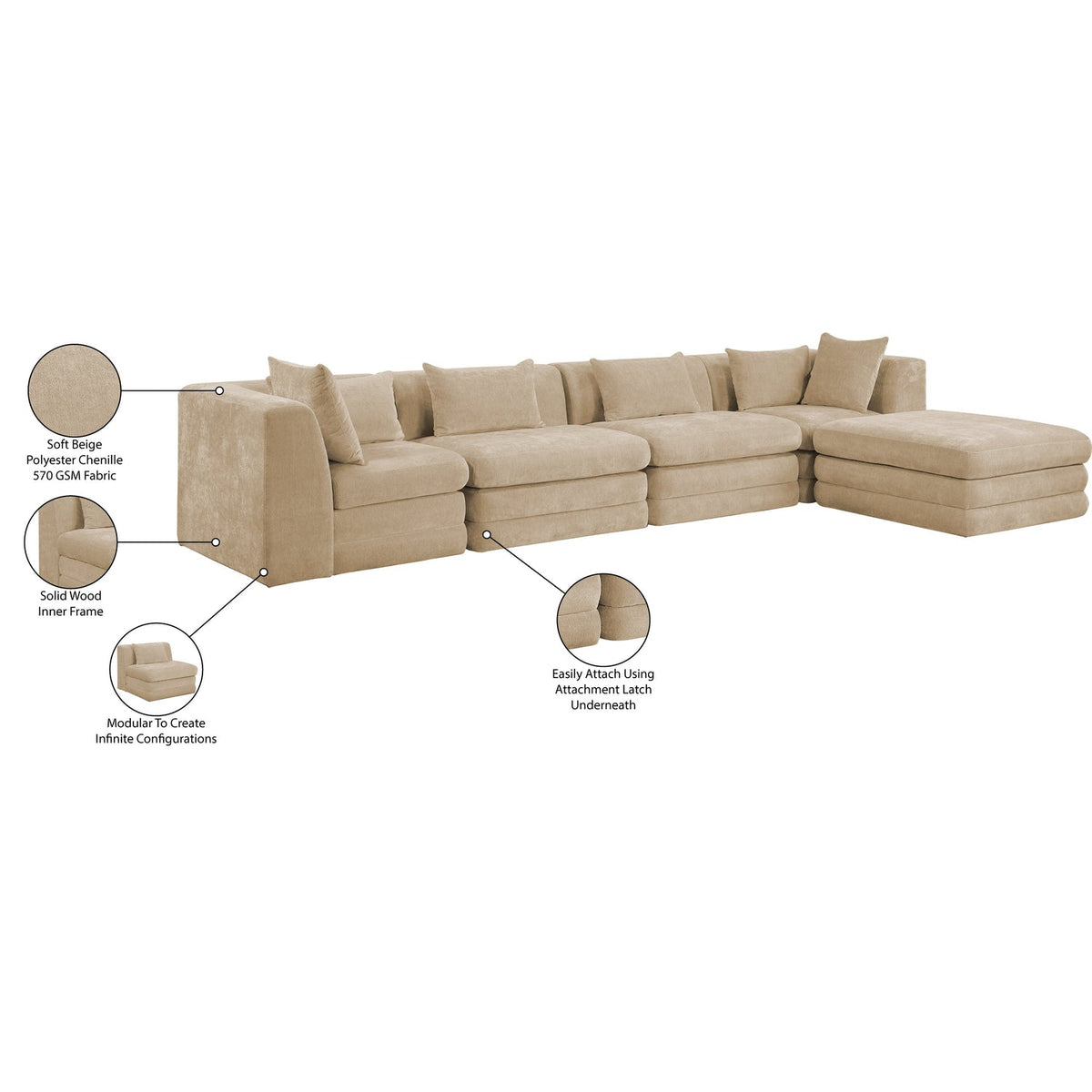 Stellar 152in Beige Chenille Fabric Upholstered 5 Piece Modular Sectional Sofa