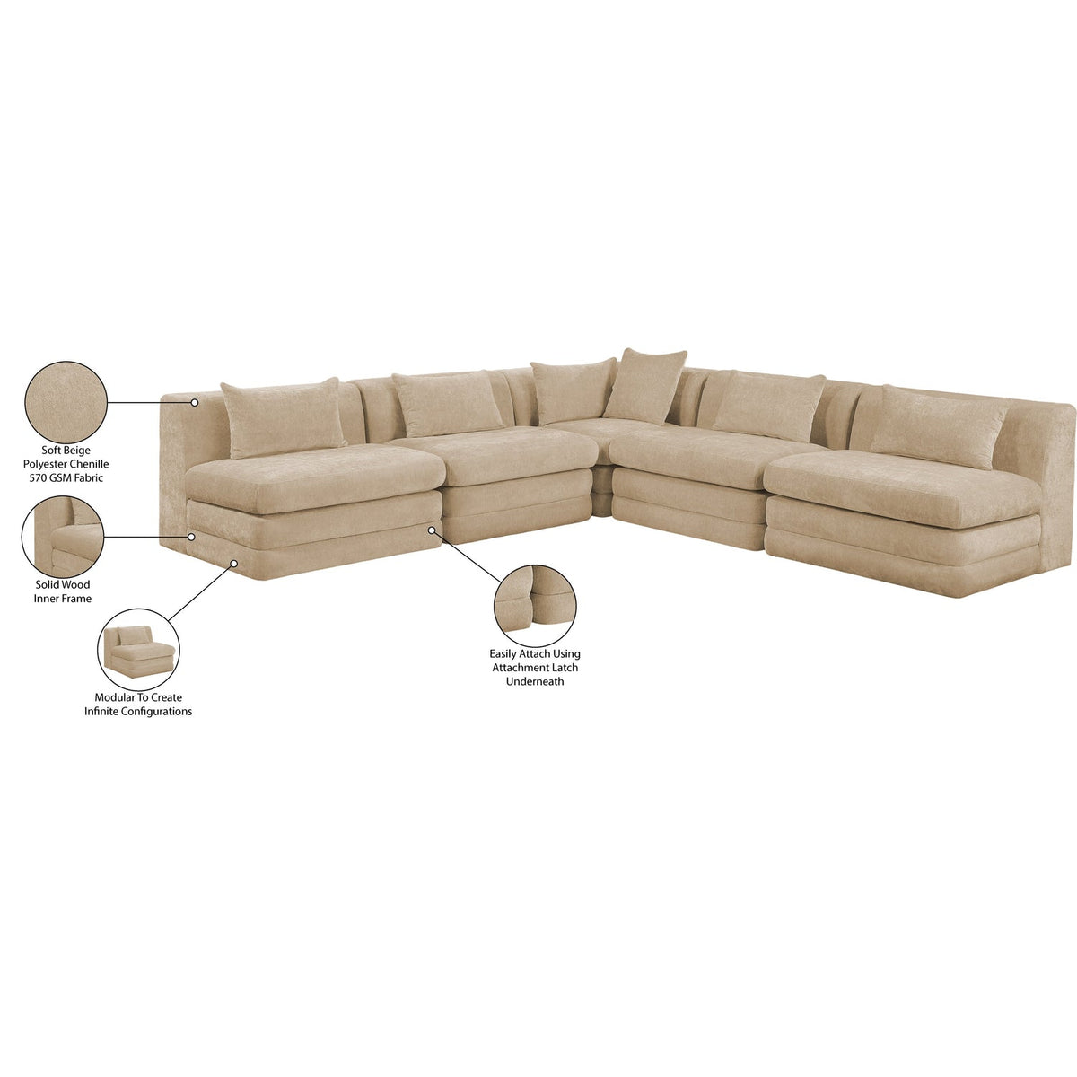 Stellar 114in Beige Chenille Fabric Upholstered 5 Piece Modular Sectional Sofa
