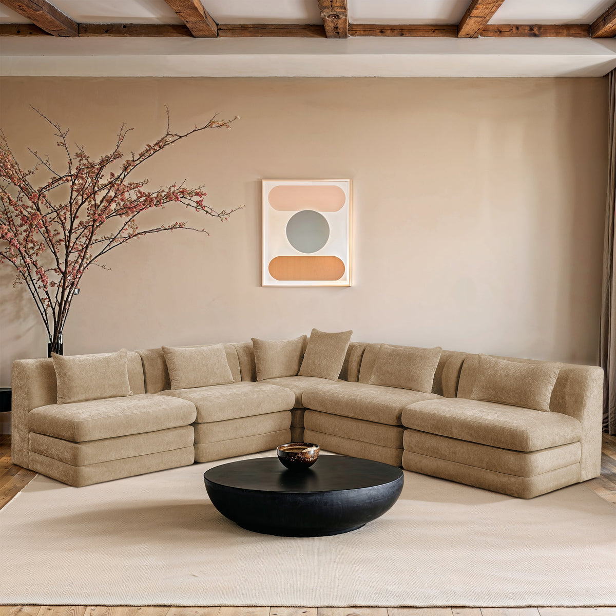 Stellar 114in Beige Chenille Fabric Upholstered 5 Piece Modular Sectional Sofa