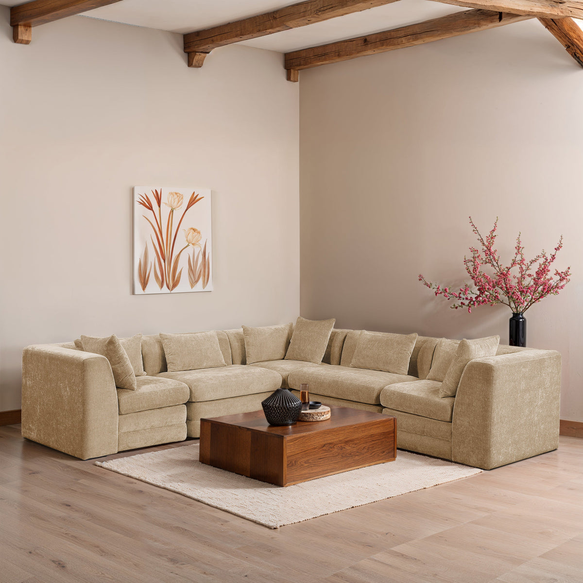 Stellar 114in Beige Chenille Fabric Upholstered 5 Piece Modular Sectional Sofa