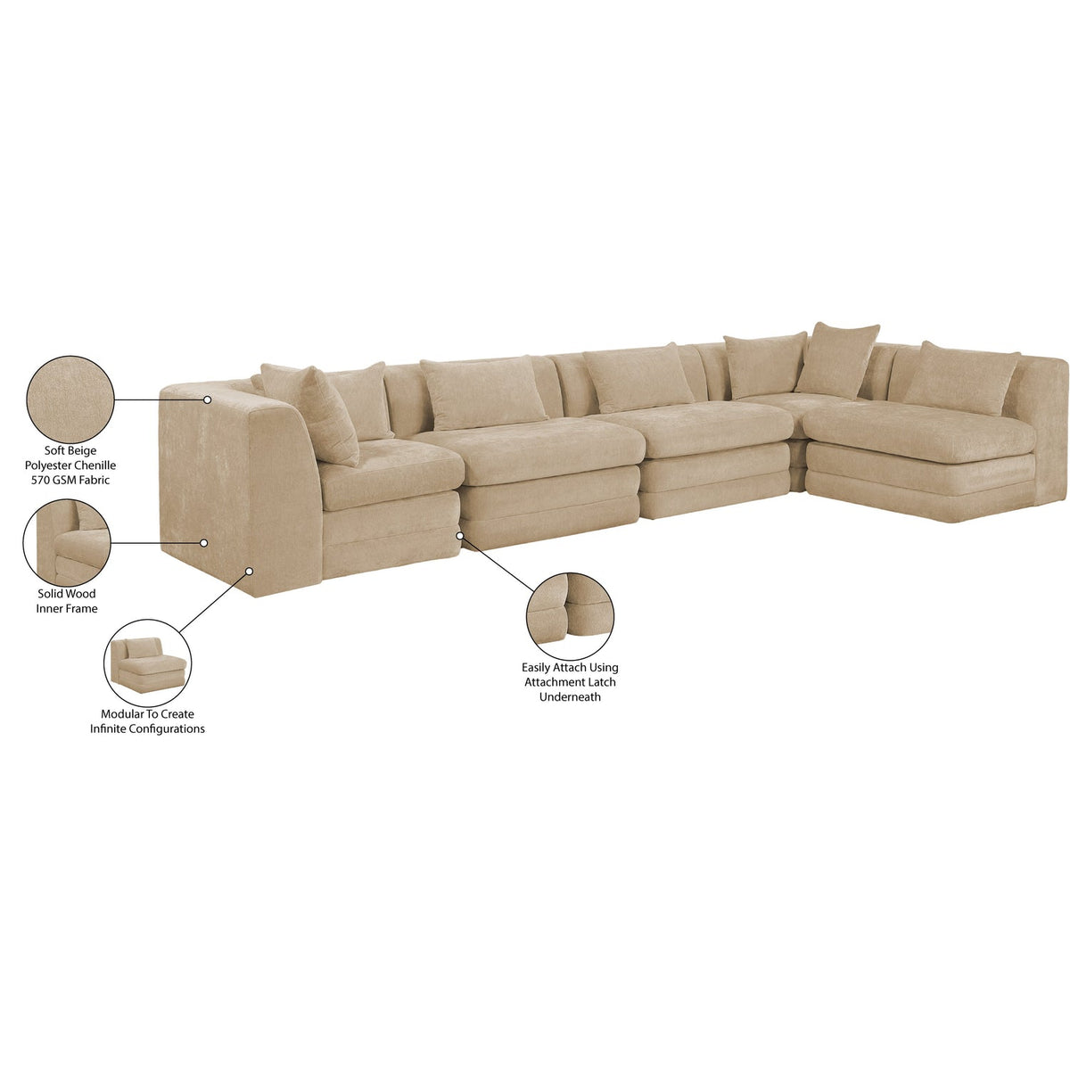 Stellar 152in Beige Chenille Fabric Upholstered 5 Piece Modular Sectional Sofa
