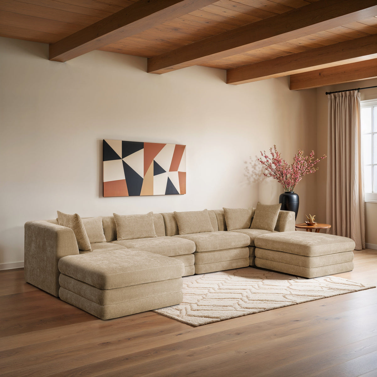 Stellar 152in Beige Chenille Fabric Upholstered 6 Piece Modular Sectional Sofa