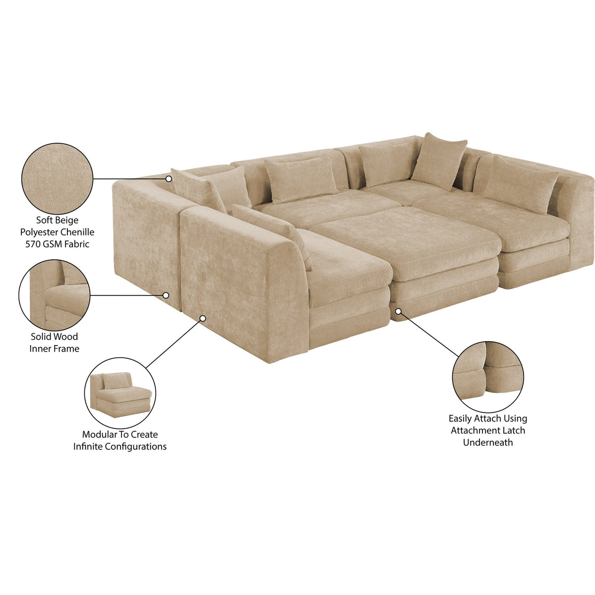 Stellar 114in Beige Chenille Fabric Upholstered 6 Piece Modular Sectional Sofa