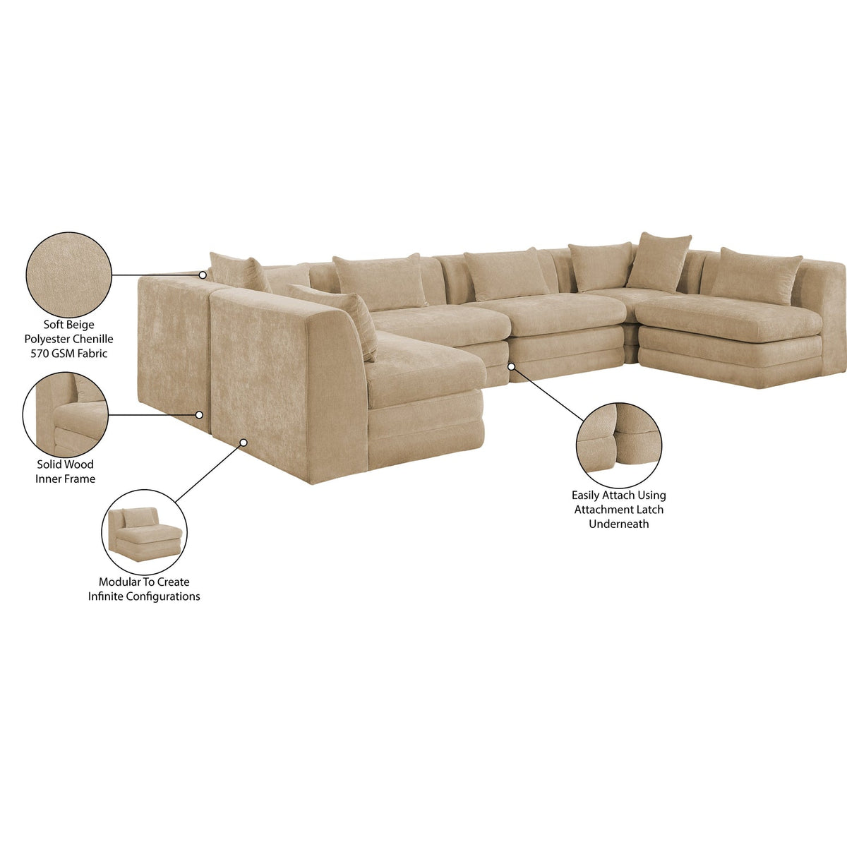 Stellar 152in Beige Chenille Fabric Upholstered 6 Piece Modular Sectional Sofa