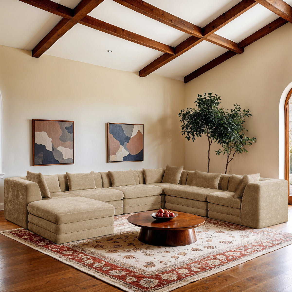 Stellar 152in Beige Chenille Fabric Upholstered 7 Piece Modular Sectional Sofa