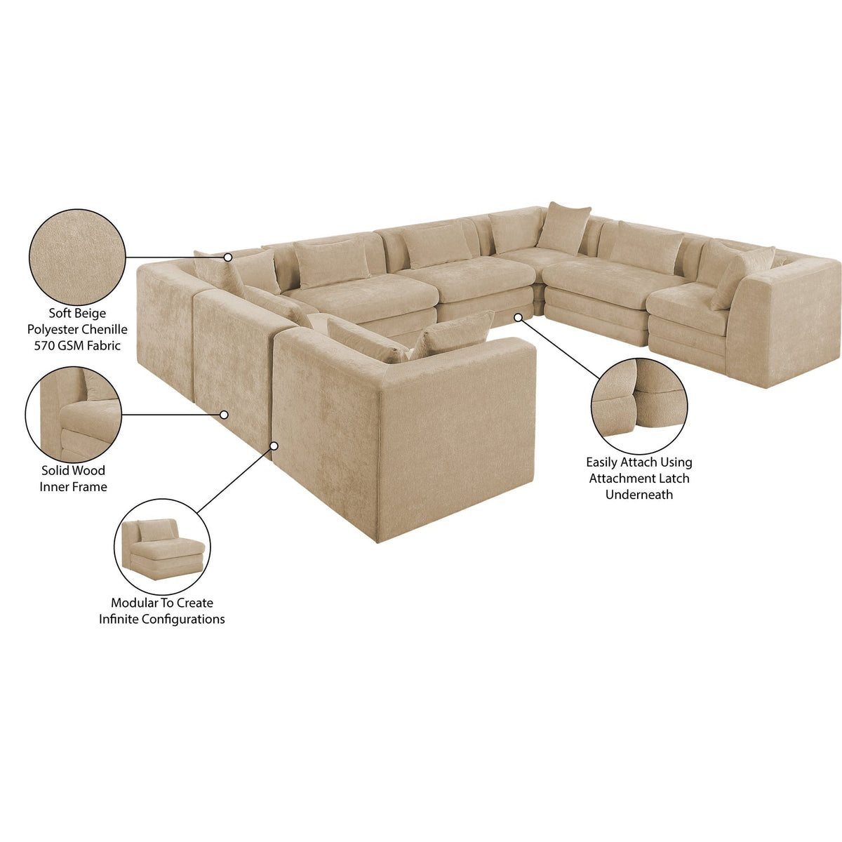 Stellar 152in Beige Chenille Fabric Upholstered 8 Piece Modular Sectional Sofa