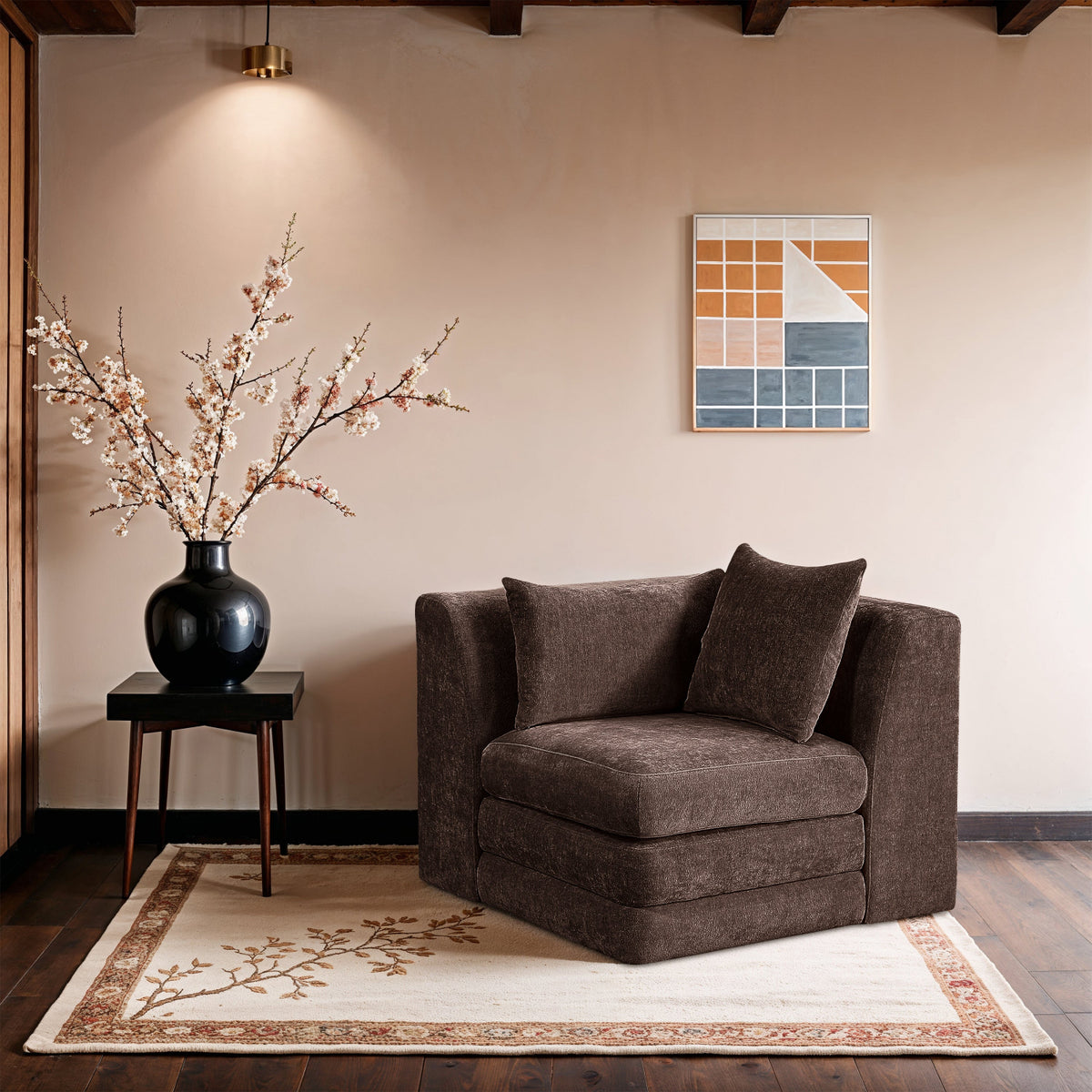 Stellar Brown Chenille Fabric Upholstered Modular Corner Chair