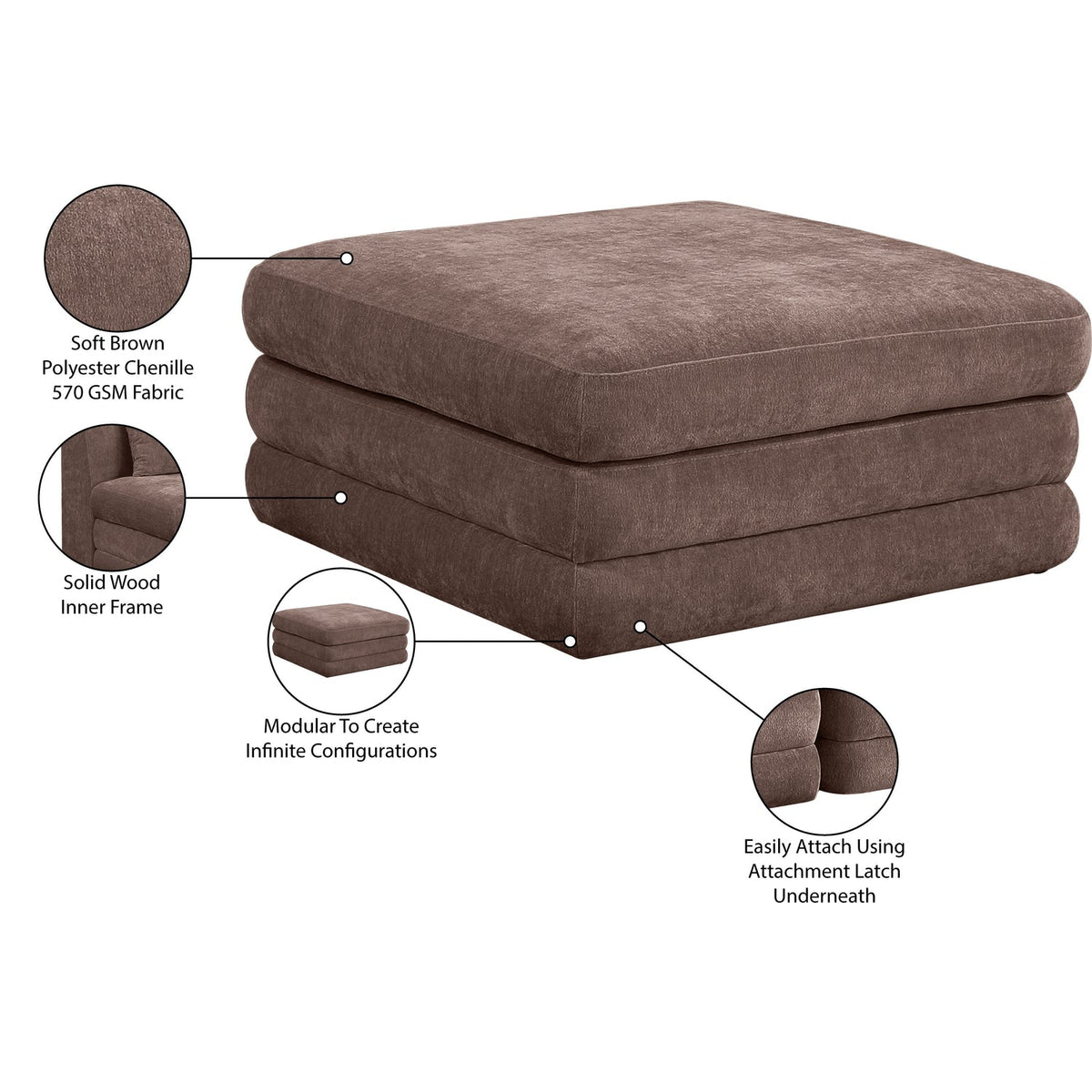 Stellar Brown Chenille Fabric Upholstered Modular Ottoman