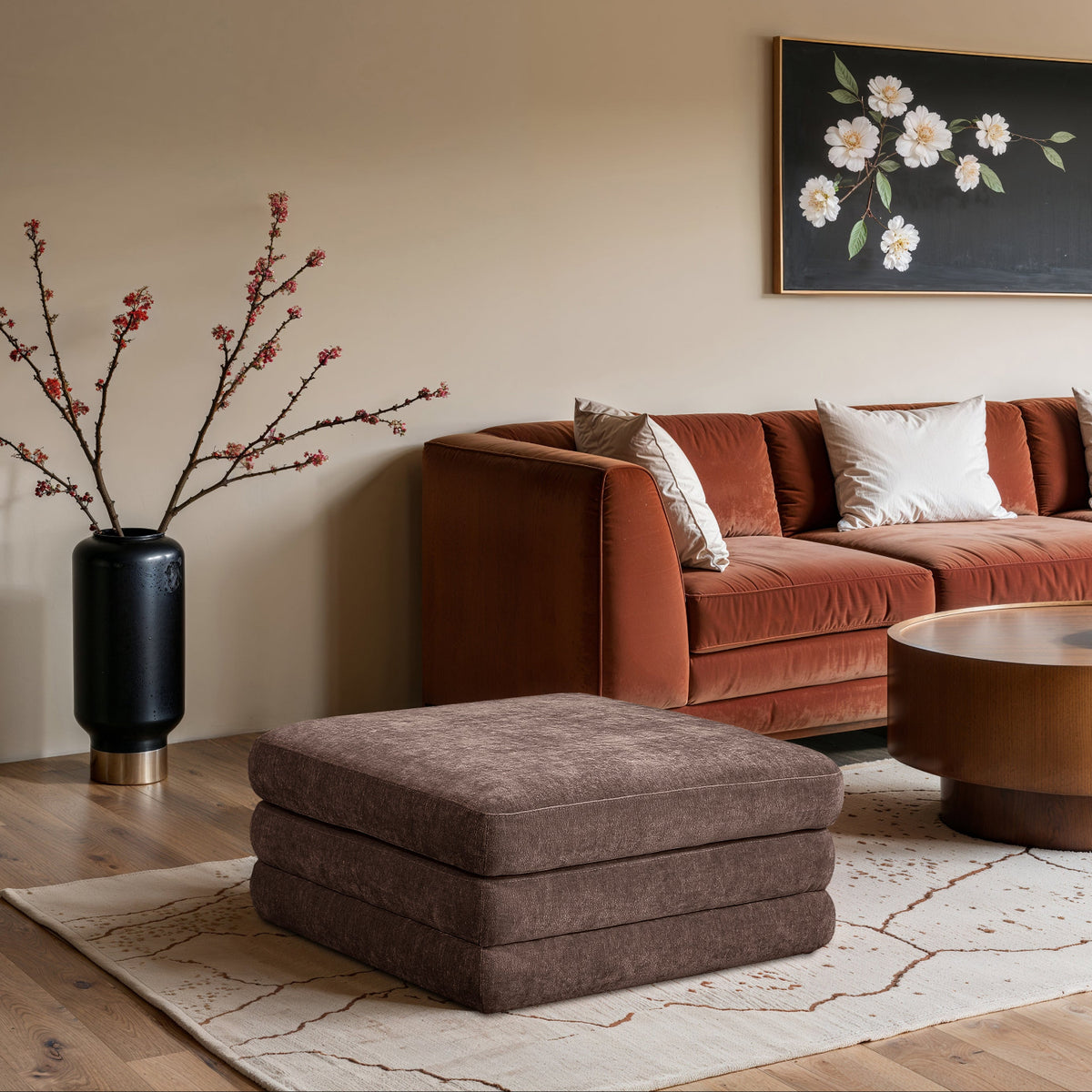Stellar Brown Chenille Fabric Upholstered Modular Ottoman