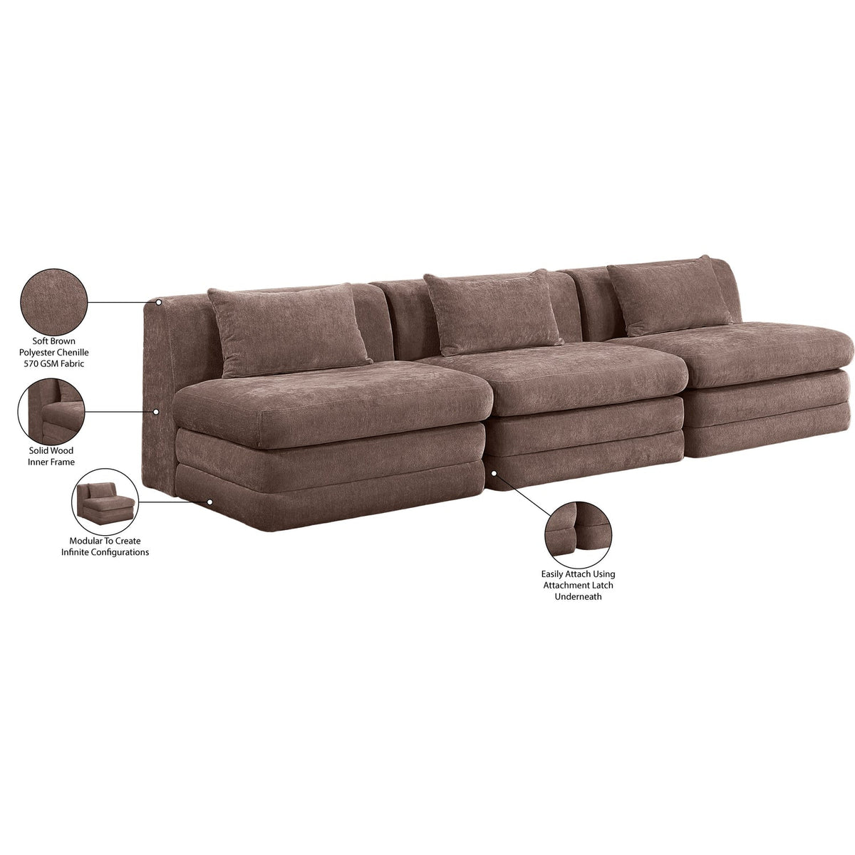 Stellar 11 4in Brown Chenille Fabric Upholstered 3 Piece Modular Sofa