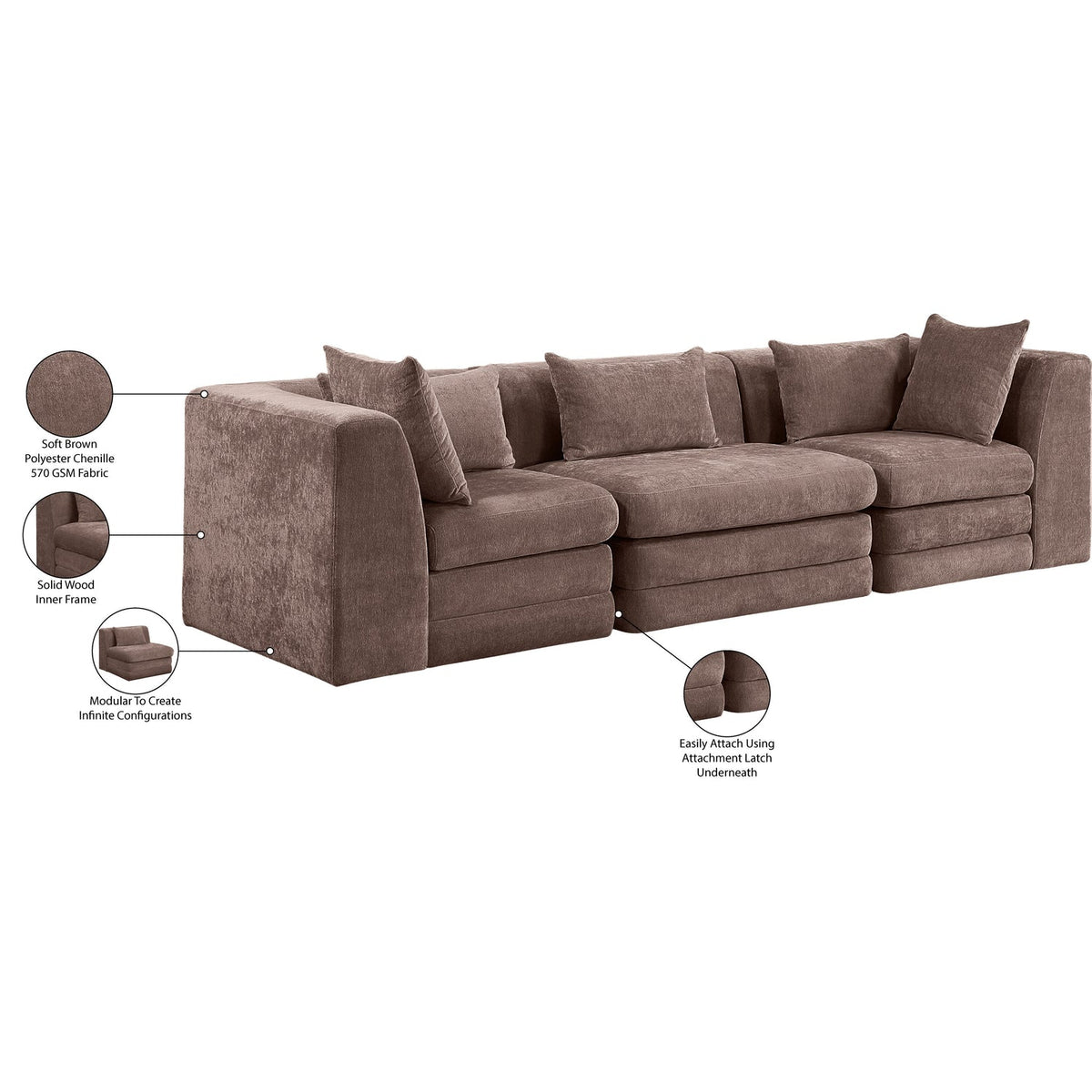 Stellar 114in Brown Chenille Fabric Upholstered 3 Piece Modular Sofa