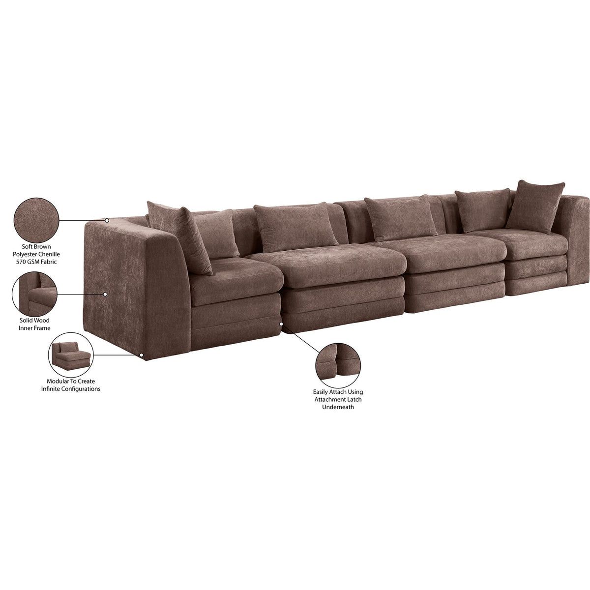 Stellar 152in Brown Chenille Fabric Upholstered 4 Piece Modular Sofa