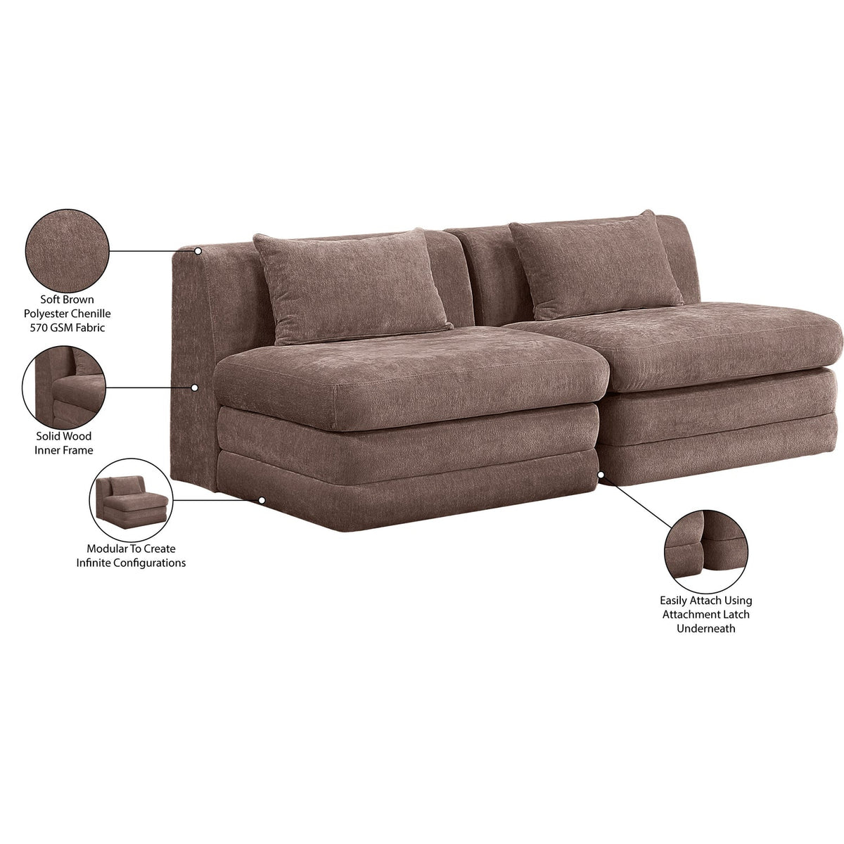 Stellar 7 6in Brown Chenille Fabric Upholstered 2Piece. Modular Sofa