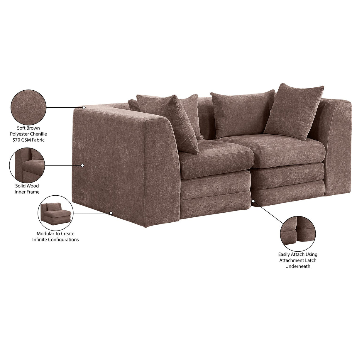 Stellar 7 6in Brown Chenille Fabric Upholstered 2Piece Modular Sofa