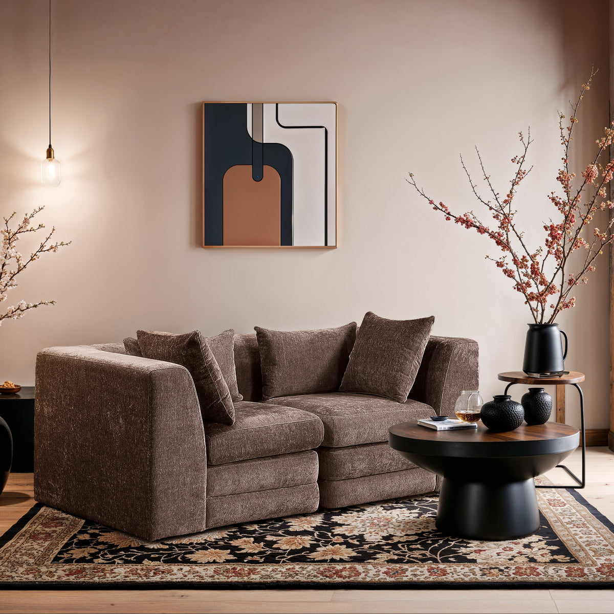 Stellar 7 6in Brown Chenille Fabric Upholstered 2Piece. Modular Sofa
