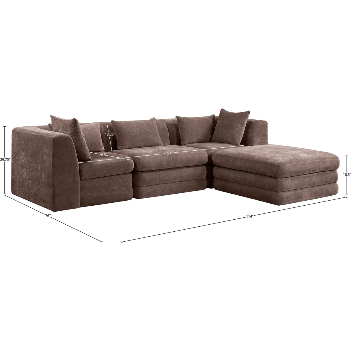 Stellar 114in Brown Chenille Fabric Upholstered 4 Piece Modular Sectional Sofa