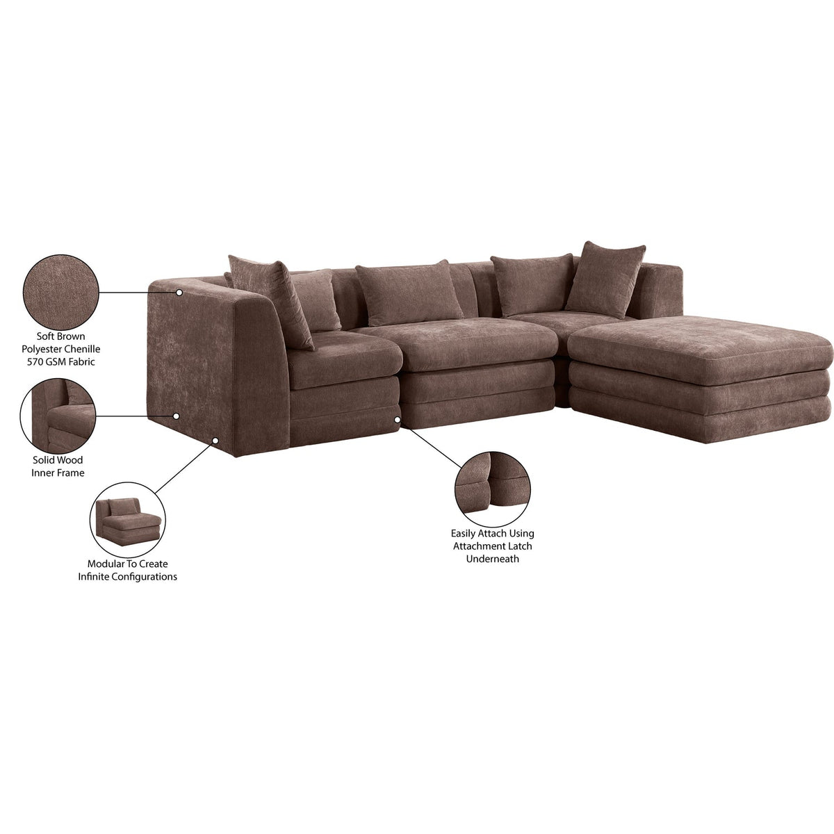 Stellar 114in Brown Chenille Fabric Upholstered 4 Piece Modular Sectional Sofa
