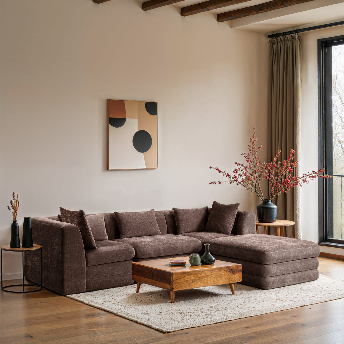 Stellar 114in Brown Chenille Fabric Upholstered 4 Piece Modular Sectional Sofa
