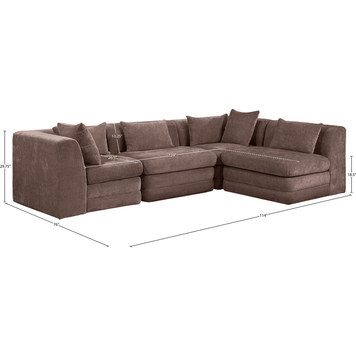 Stellar 114in Brown Chenille Fabric Upholstered 4 Piece Modular Sectional Sofa