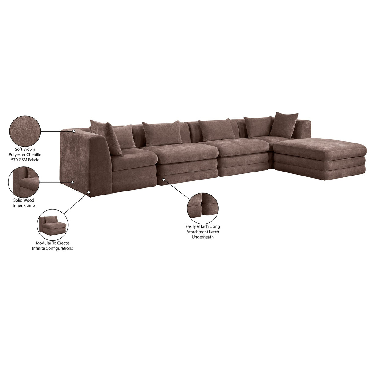 Stellar 152in Brown Chenille Fabric Upholstered 5 Piece Modular Sectional Sofa