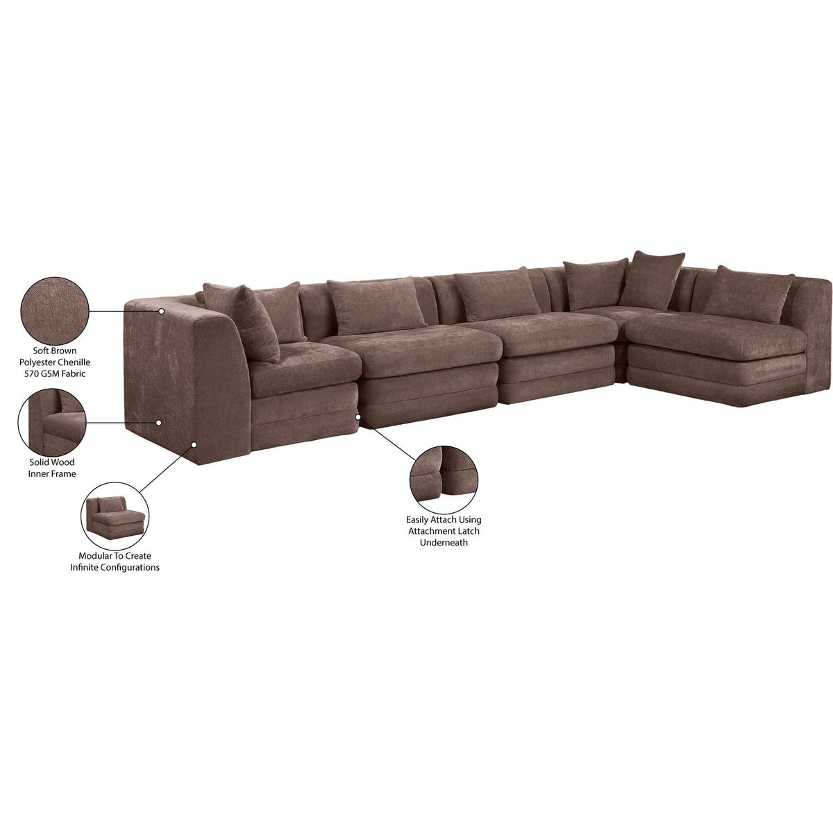 Stellar 152in Brown Chenille Fabric Upholstered 5 Piece Modular Sectional Sofa