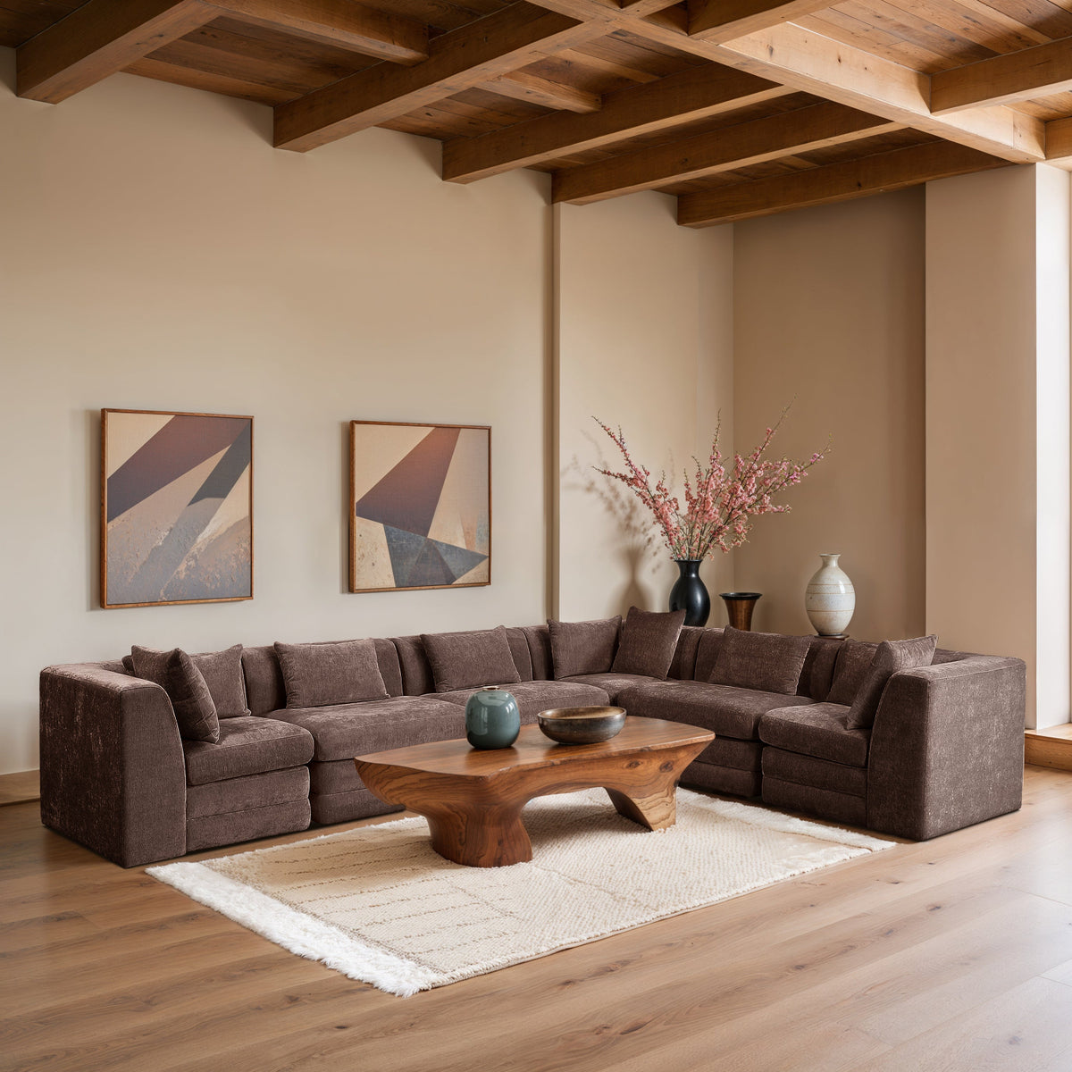 Stellar 152in Brown Chenille Fabric Upholstered 6 Piece Modular Sectional Sofa