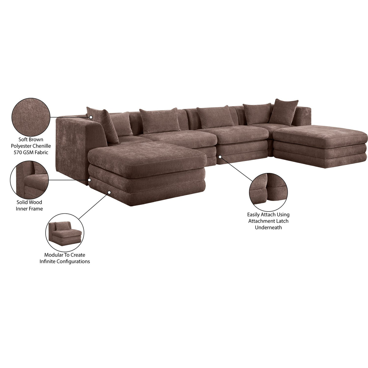 Stellar 152in Brown Chenille Fabric Upholstered 6 Piece Modular Sectional Sofa