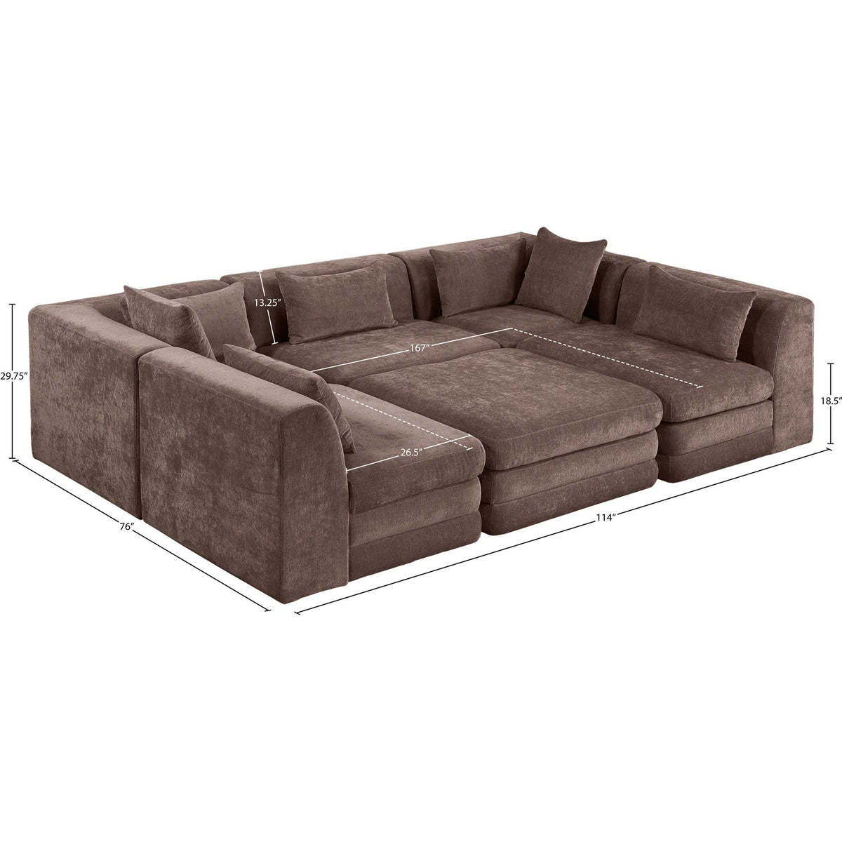 Stellar 114in Brown Chenille Fabric Upholstered 6 Piece Modular Sectional Sofa