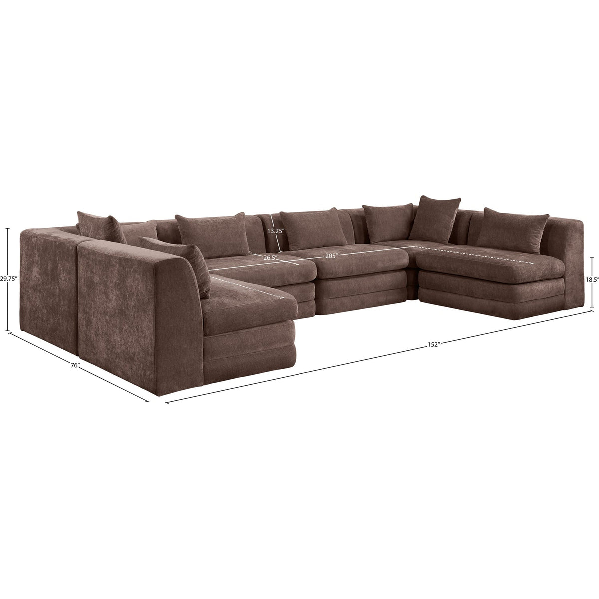 Stellar 152in Brown Chenille Fabric Upholstered 6 Piece Modular Sectional Sofa