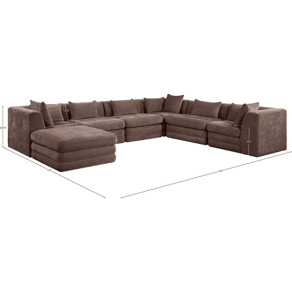 Stellar 152in Brown Chenille Fabric Upholstered 7 Piece Modular Sectional Sofa