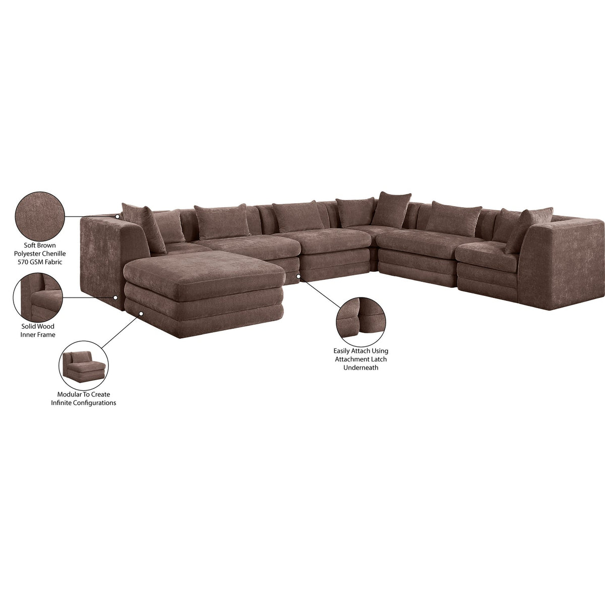 Stellar 152in Brown Chenille Fabric Upholstered 7 Piece Modular Sectional Sofa