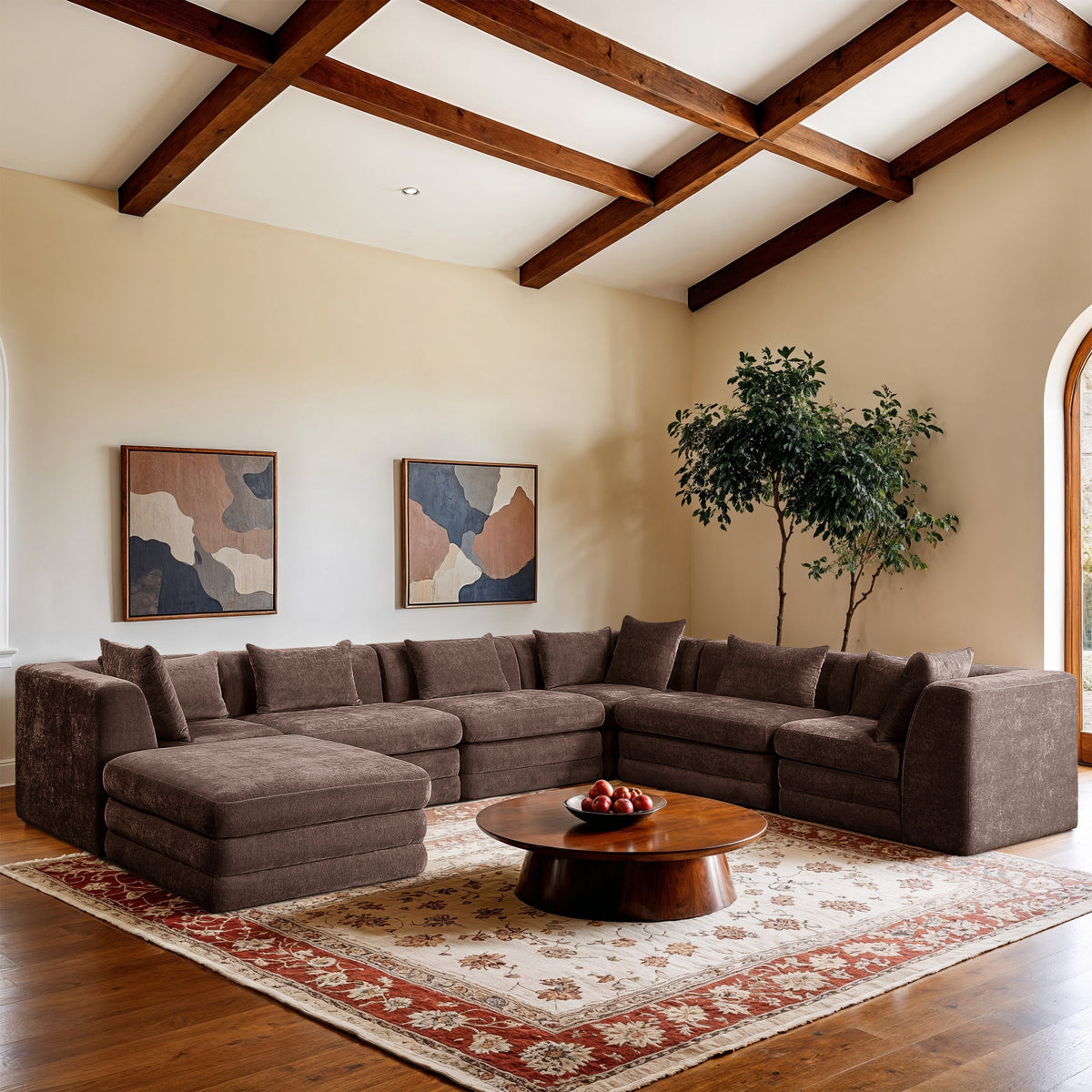 Stellar 152in Brown Chenille Fabric Upholstered 7 Piece Modular Sectional Sofa