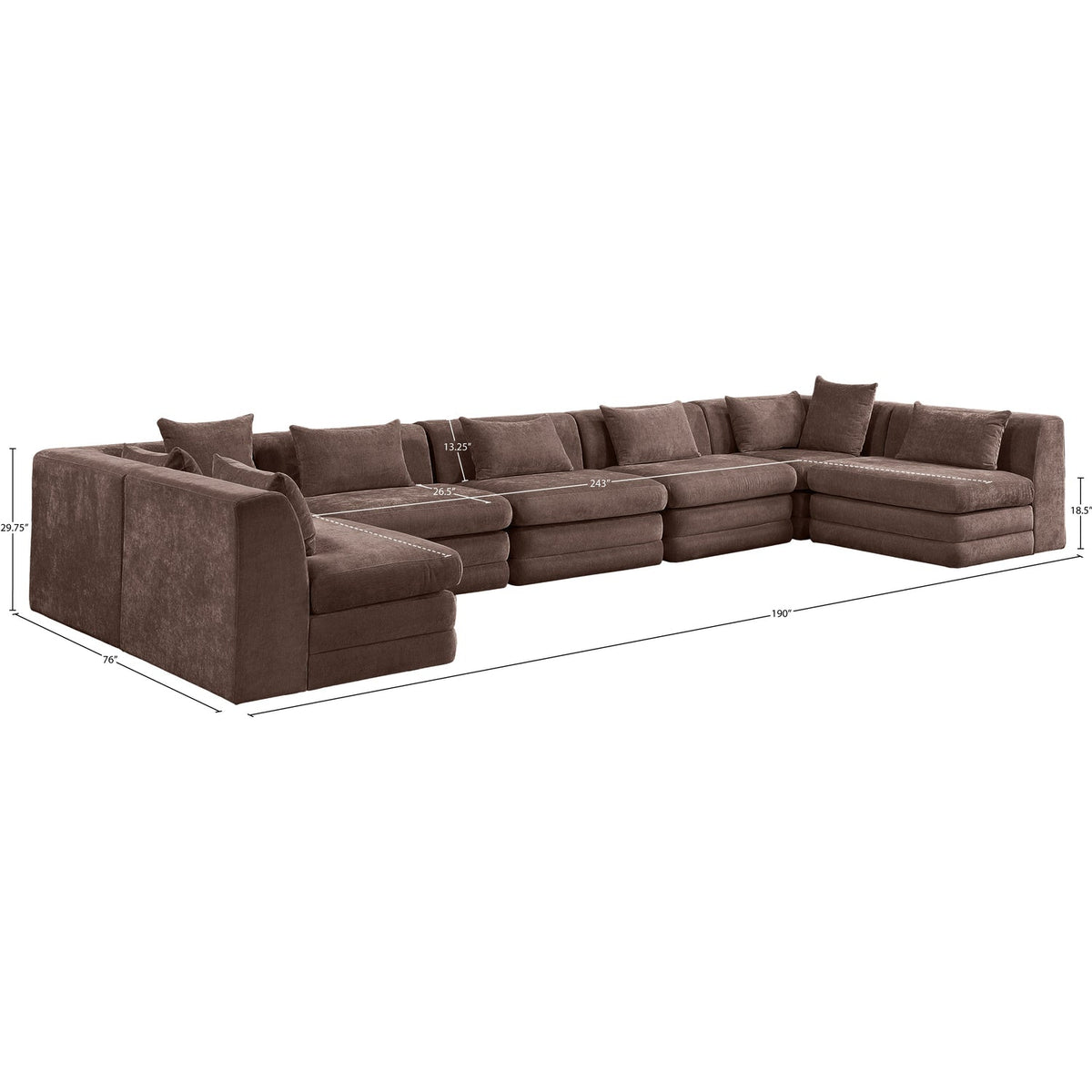Stellar 190in Brown Chenille Fabric Upholstered 7 Piece Modular Sectional Sofa