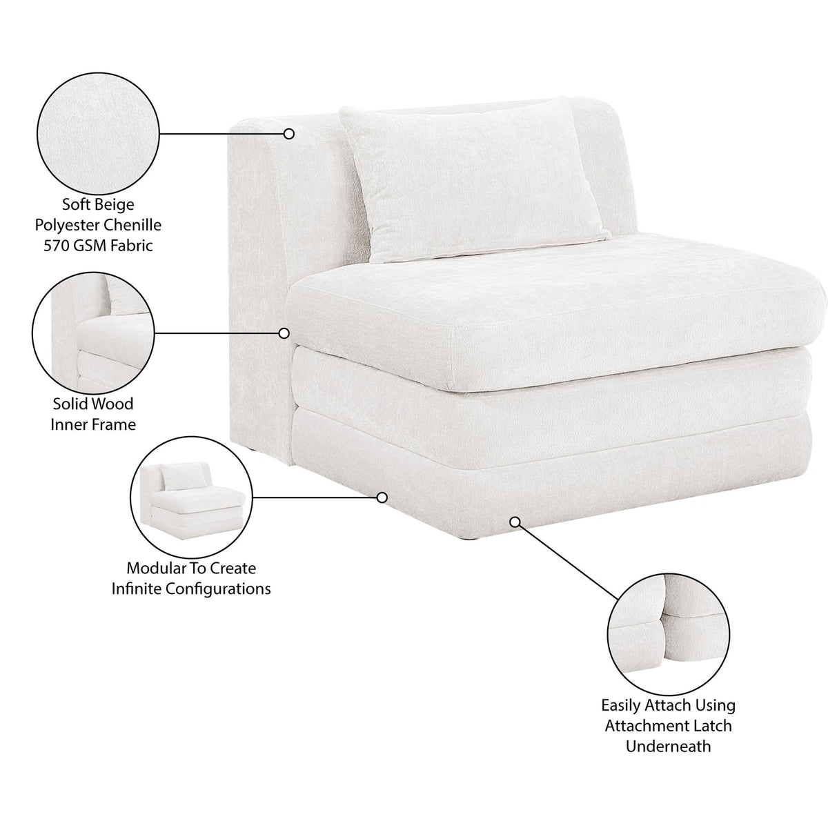 Stellar Cream Chenille Fabric Upholstered Modular Armless Chair