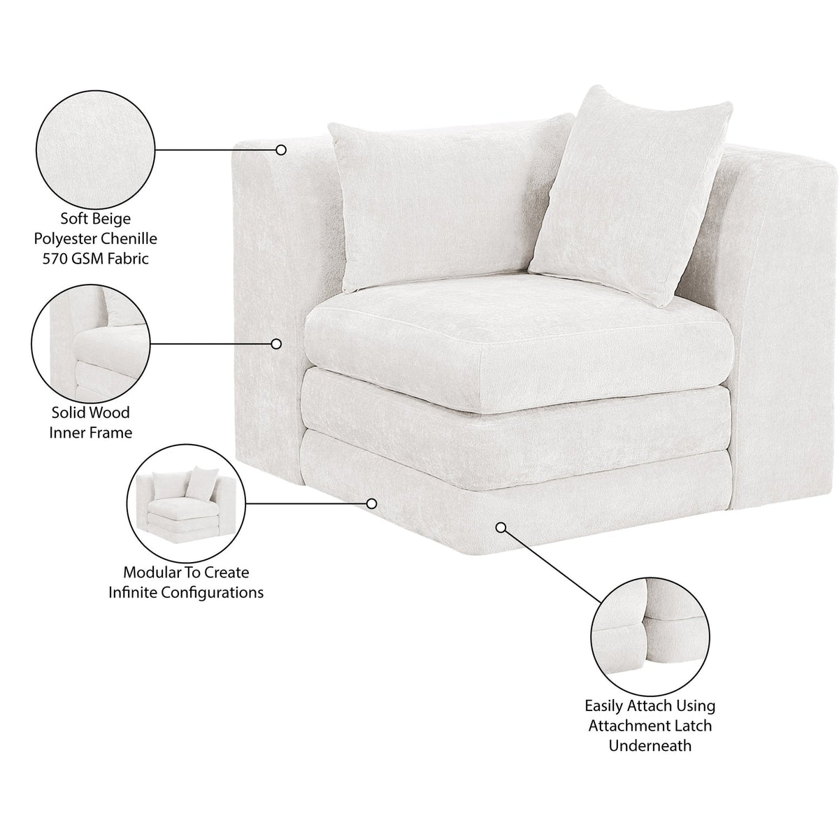 Stellar Cream Chenille Fabric Upholstered Modular Corner Chair