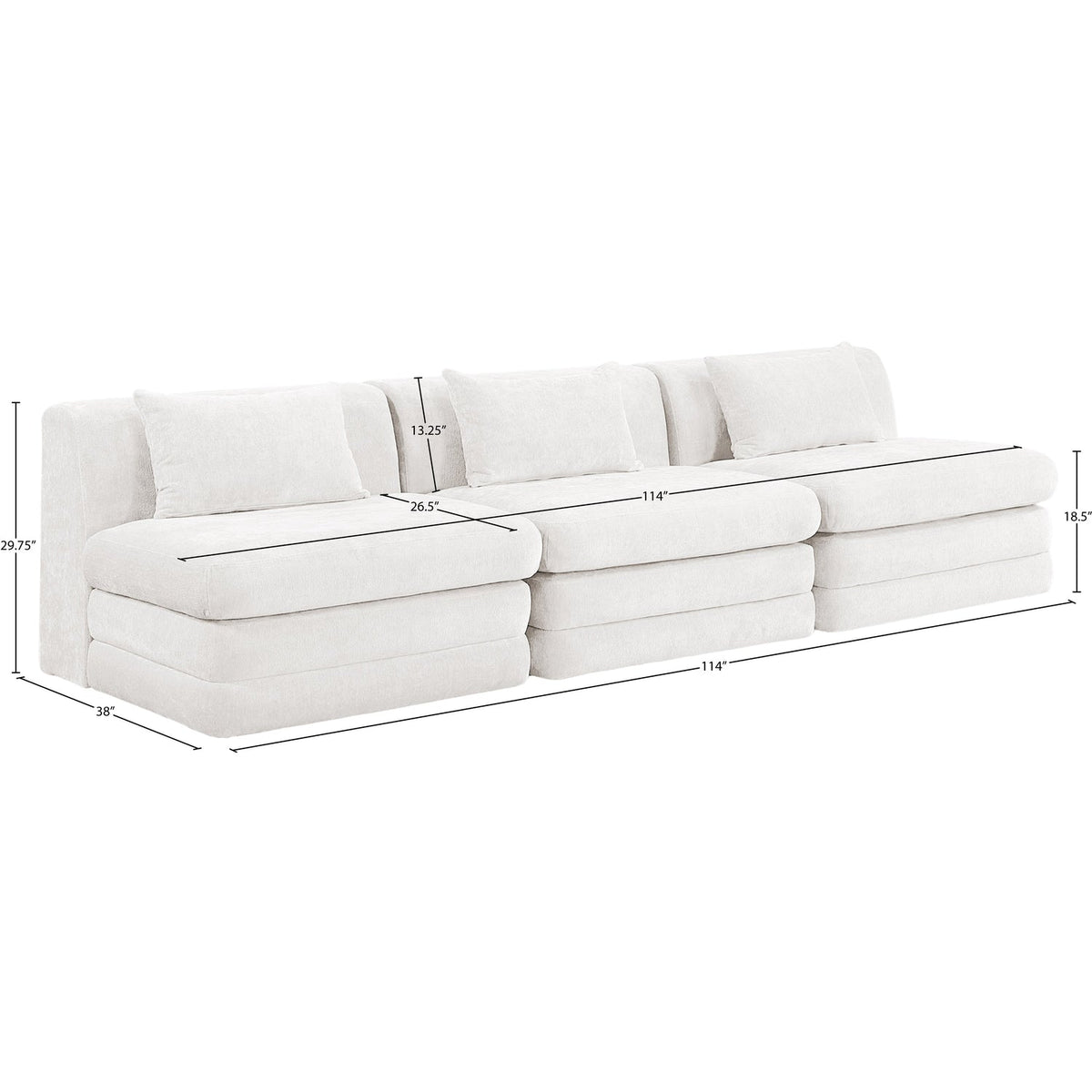 Stellar 114in Cream Chenille Fabric Upholstered 3 Piece Modular Sofa